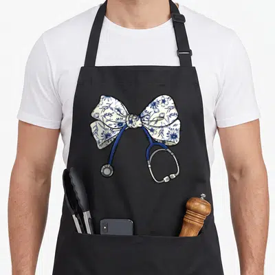 Blue floral apron - Cartoon stethoscope with blue tubing and silver parts wrapped in a white and blue floral coquette — shown on a black cotton canvas apron against a white background
