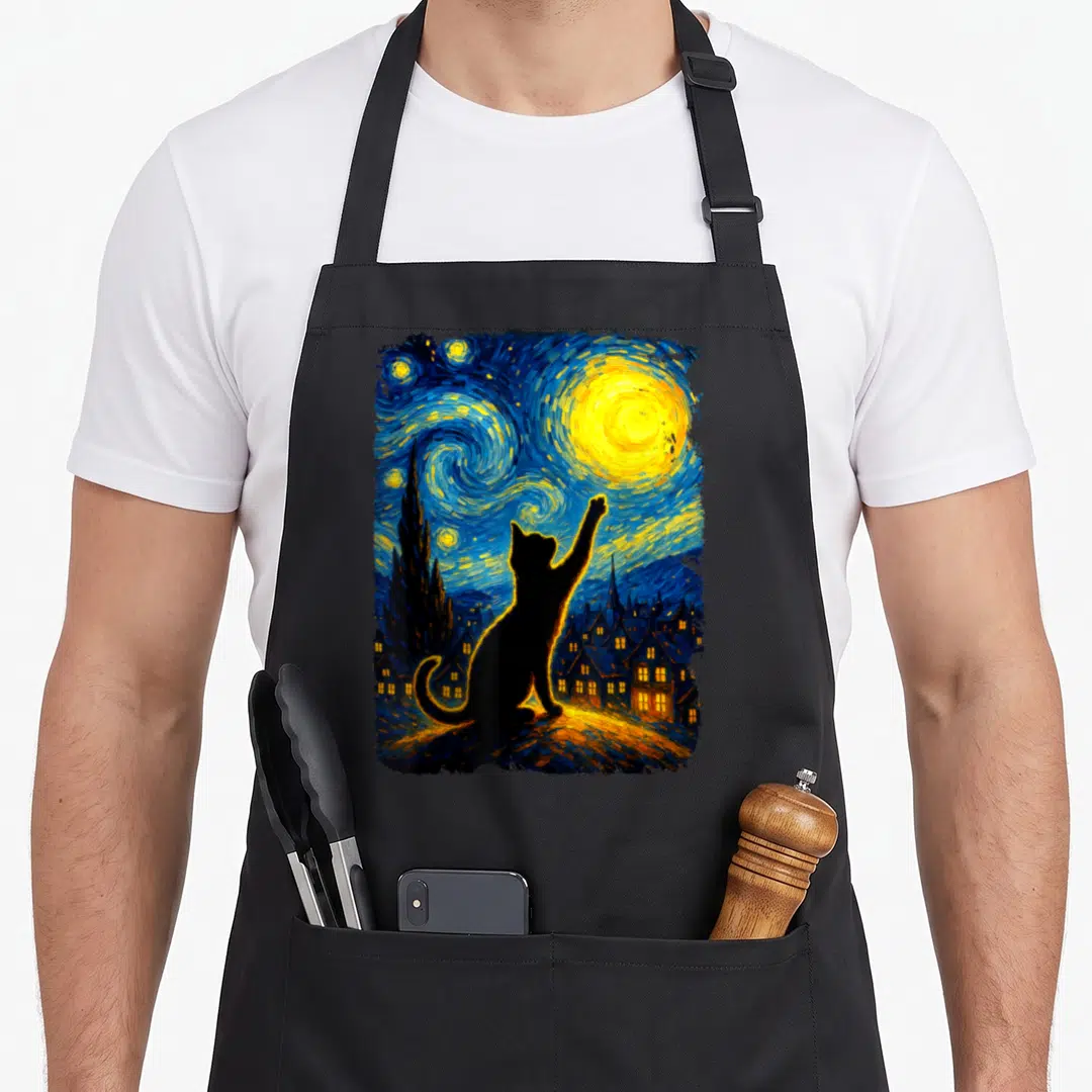 Night cat in an apron - Black cat silhouette reaching for yellow moon in swirling blue watercolor style — shown on a black cotton canvas apron against a white background