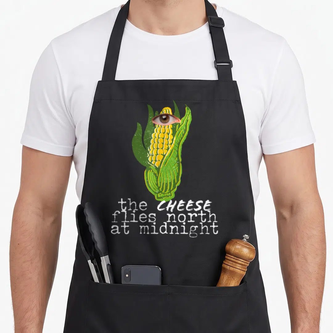 Weirdcore goth apron - Corn cob with human eye and text the cheese flies north at midnight — shown on a black cotton canvas apron against a white background