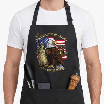250th eagles apron - Bald eagle, US flag, Statue of Liberty, Liberty Bell, gold text 250th anniversary — shown on a black cotton canvas apron against a white background