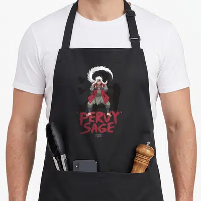 Shippuden sage apron - Cartoon man with white hair standing before black kanji with red Pervy Sage text — shown on a black cotton canvas apron against a white background