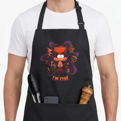 Emotion m&s apron - Orange monster in purple cloud with I'M FINE text and lightning bolts — shown on a black cotton canvas apron against a white background