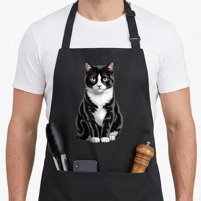 Majestic tuxedo apron - Realistic black and white cat with yellow eyes sitting upright — shown on a black cotton canvas apron against a white background