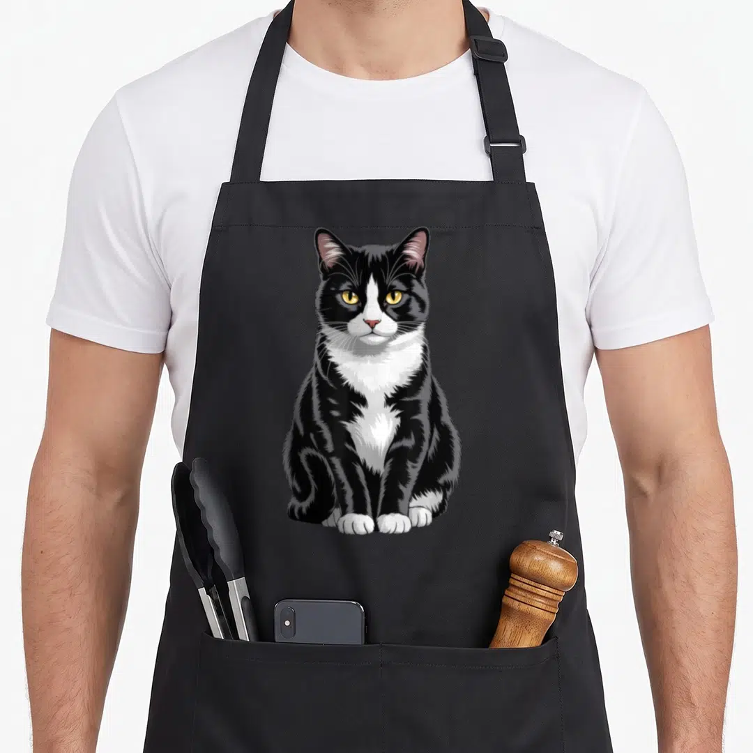Majestic tuxedo apron - Realistic black and white cat with yellow eyes sitting upright — shown on a black cotton canvas apron against a white background
