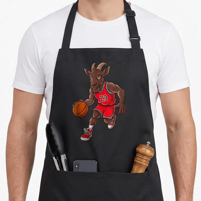 Vintage greatest goat apron - Cartoon brown goat in red uniform dribbling orange basketball with white number 23 — shown on a black cotton canvas apron against a white background