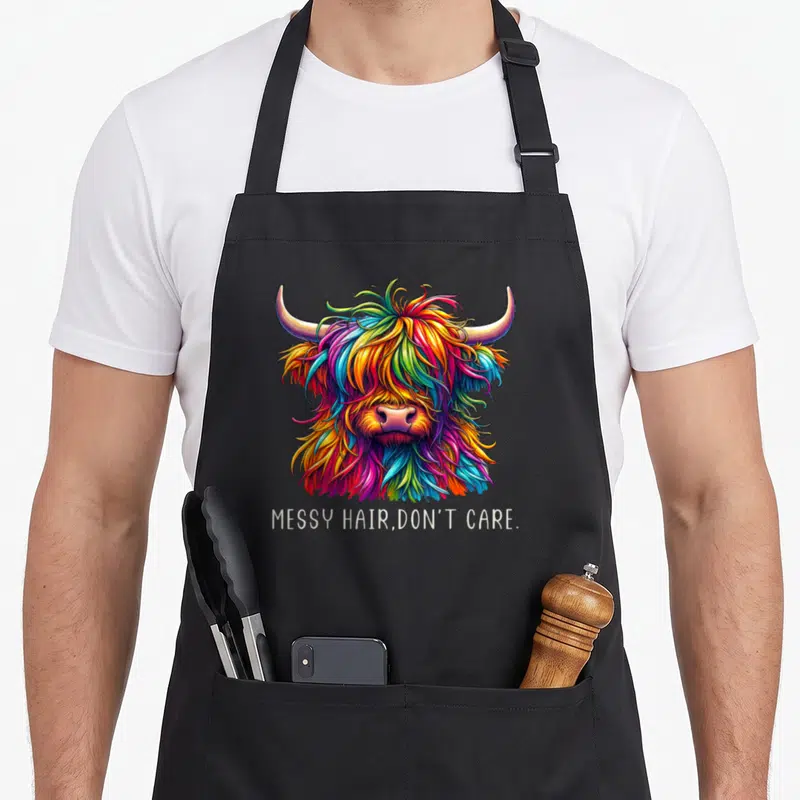 Hair highland cow apron - Multicolored cartoon highland cow head with text MESSY HAIR DON'T CARE below — shown on a black cotton canvas apron against a white background