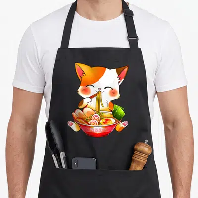 Ramen neko cat apron - Orange and white cartoon cat eating yellow noodles from a red patterned bowl — shown on a black cotton canvas apron against a white background