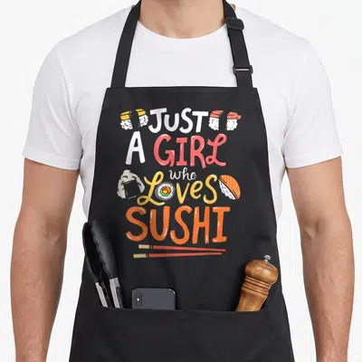 Vintage sushi apron - Cartoon sushi text Just A Girl Who Loves Sushi with chopsticks — shown on a black cotton canvas apron against a white background