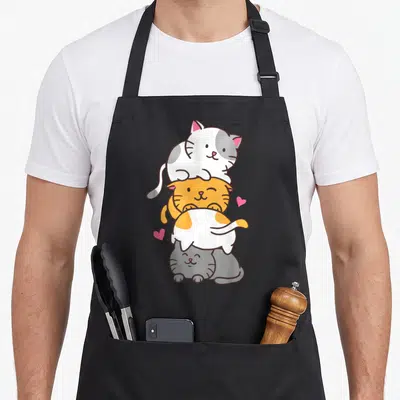 Cool cat apron - Three stacked cartoon cats in grey white orange and pink with two pink hearts — shown on a black cotton canvas apron against a white background