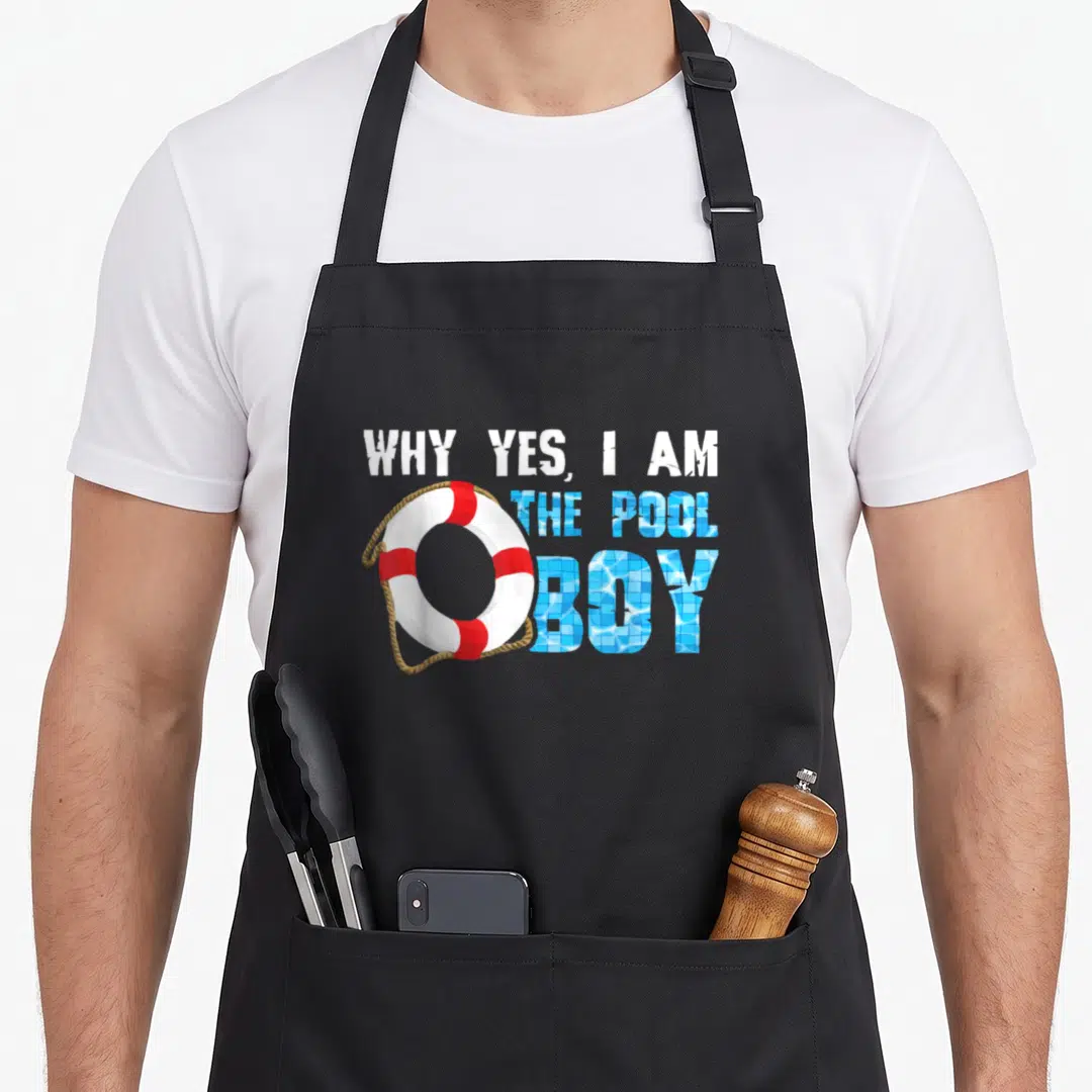 Pool swimmer swimming player apron - Stacked text WHY YES I AM THE POOL BOY with lifebuoy replacing O and blue tile — shown on a black cotton canvas apron against a white background