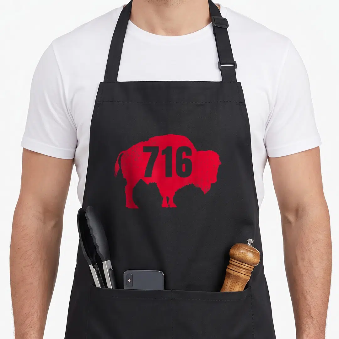 Area new york apron - Red bison silhouette containing grey number 716 on grey background — shown on a black cotton canvas apron against a white background