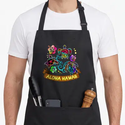 Beautiful artistic apron - Three rainbow turtles, hibiscus flowers, and ALOHA HAWAII text on brown banner — shown on a black cotton canvas apron against a white background