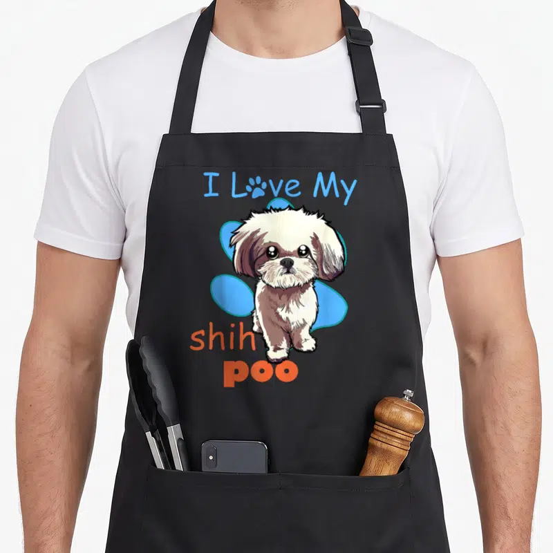 Shih paw print apron - Cartoon Shih Poo dog with I Love My shih poo text and blue blob background — shown on a black cotton canvas apron against a white background
