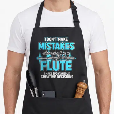 Flutist flute apron - Blue sound wave graphic behind white flute with sarcastic typography about creative decisions — shown on a black cotton canvas apron against a white background