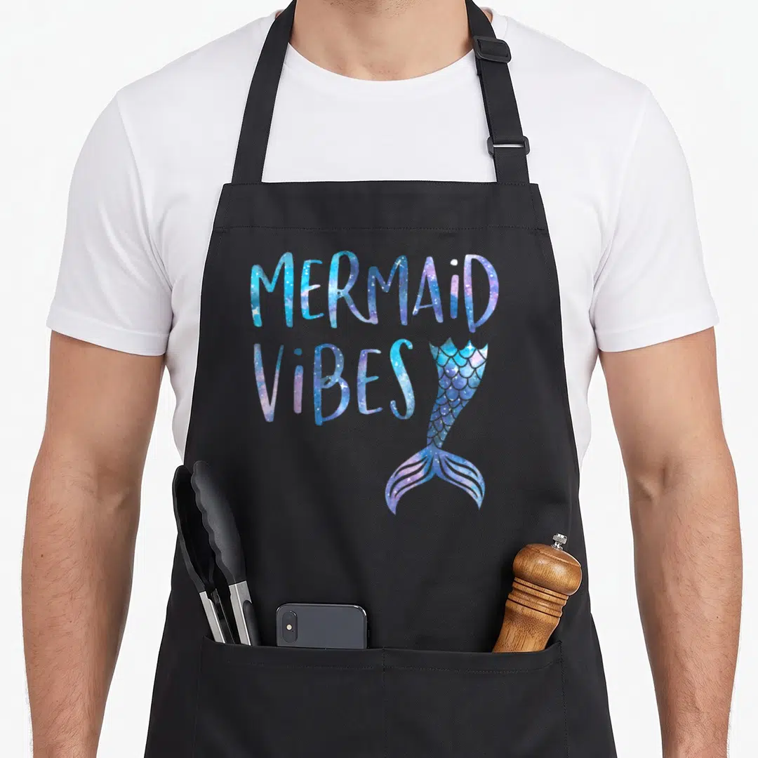 Tail birthday apron - Stacked Mermaid Vibes text with blue purple watercolor tail fin and scales — shown on a black cotton canvas apron against a white background