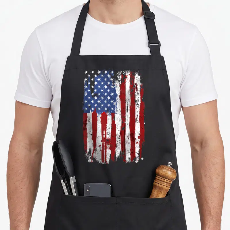 Flag patriotic 4th of july apron - Distressed USA flag illustration in red white and blue with splatter effects — shown on a black cotton canvas apron against a white background