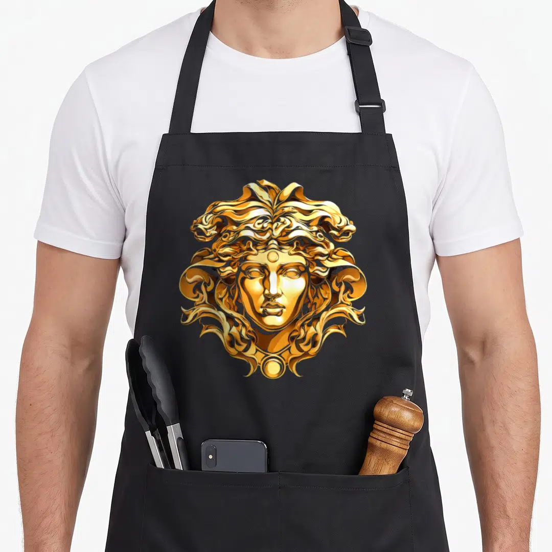 Medusahead hair apron - Centered symmetrical golden bust of Medusa with snake hair in realistic art style — shown on a black cotton canvas apron against a white background