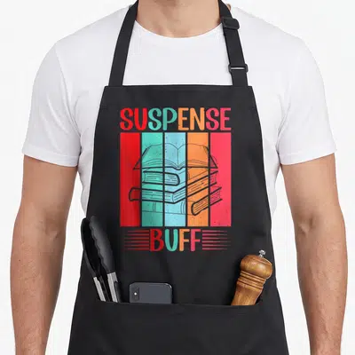 Suspense thrill apron - Stack of books over five red teal blue orange grey stripes with SUSPENSE BUFF text — shown on a black cotton canvas apron against a white background