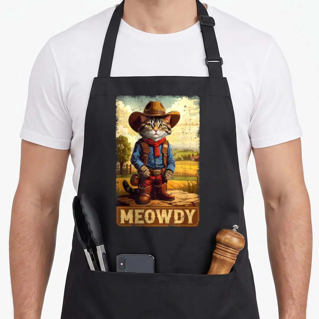 Meowdy cat apron - Cartoon cowboy cat standing on rocks with MEOWDY banner text — shown on a black cotton canvas apron against a white background
