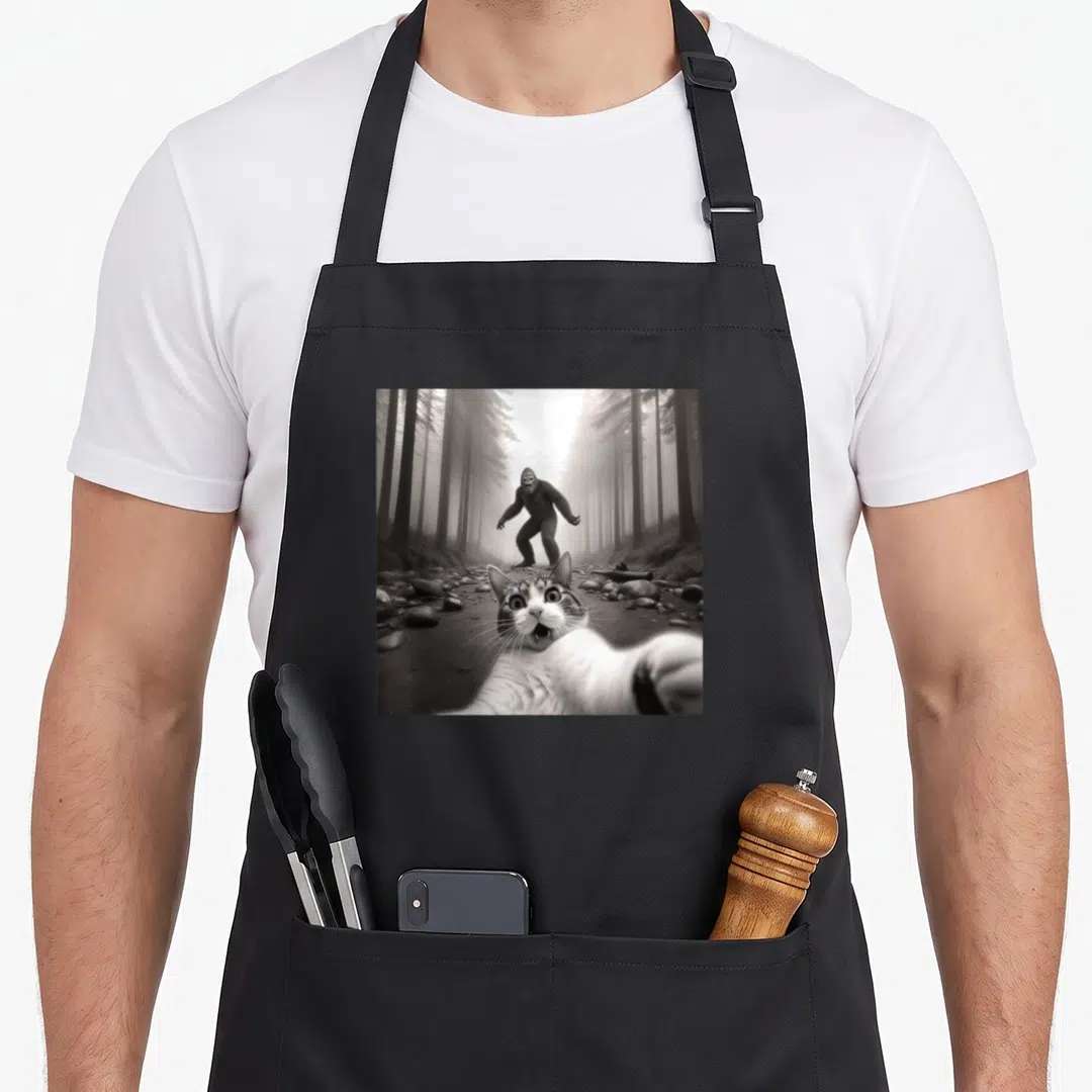 Selfie funny cat apron - Black and white photo of a surprised cat taking a selfie with a Bigfoot standing in a foggy — shown on a black cotton canvas apron against a white background