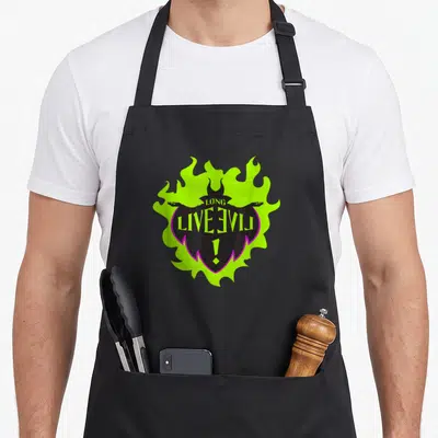Evil novelty apron - LONG LIVE EVIL ! text on horned silhouette with lime green flames and purple outline — shown on a black cotton canvas apron against a white background