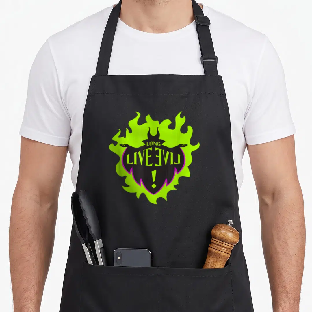 Evil novelty apron - LONG LIVE EVIL ! text on horned silhouette with lime green flames and purple outline — shown on a black cotton canvas apron against a white background