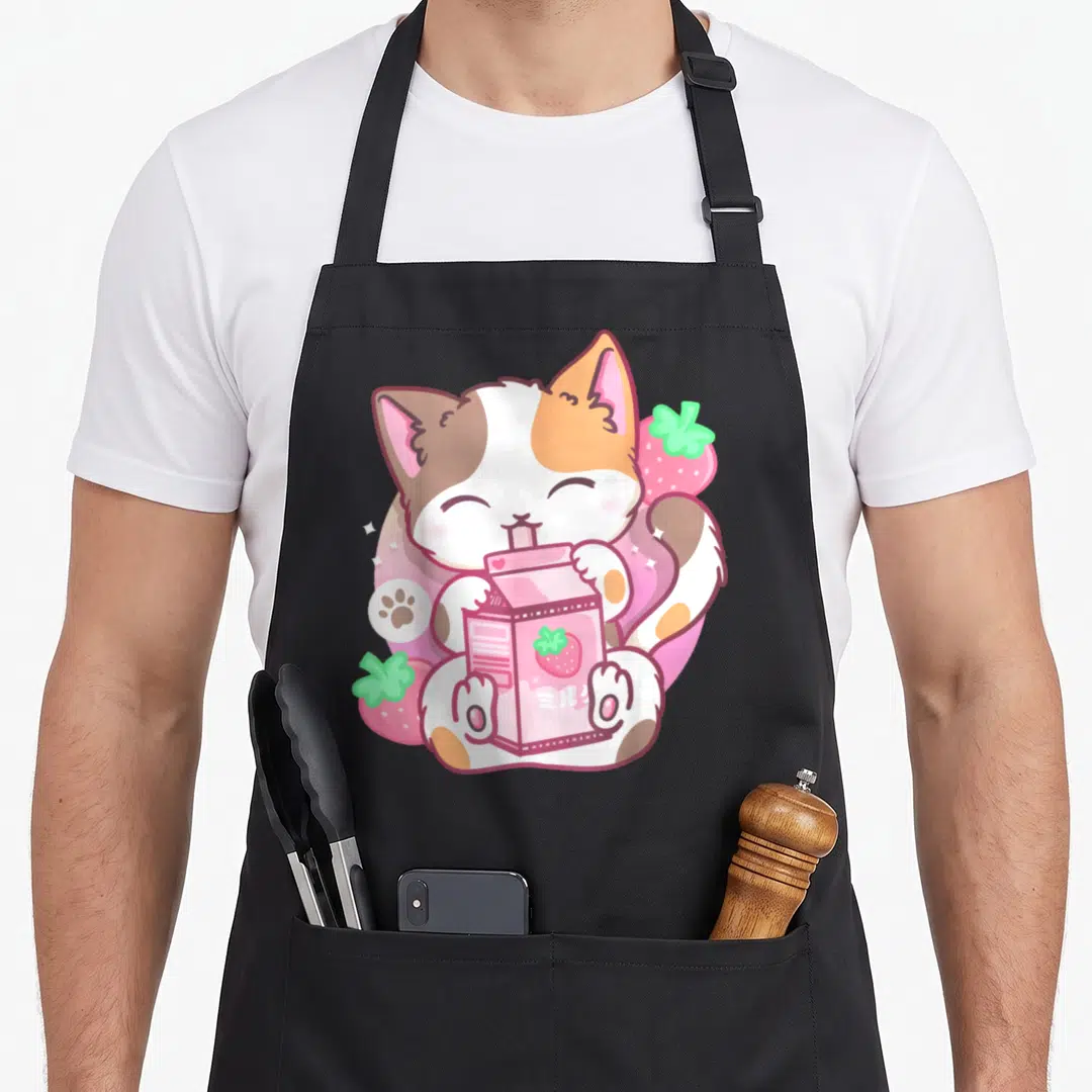 Strawberry milk aprons - Cartoon calico cat drinking pink milk carton with Japanese text and strawberries — shown on a black cotton canvas apron against a white background