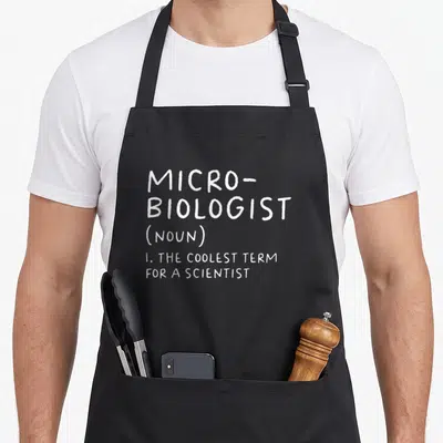 Microbiologist teacher apron - White stacked text defining microbiologist as the coolest term for a scientist — shown on a black cotton canvas apron against a white background