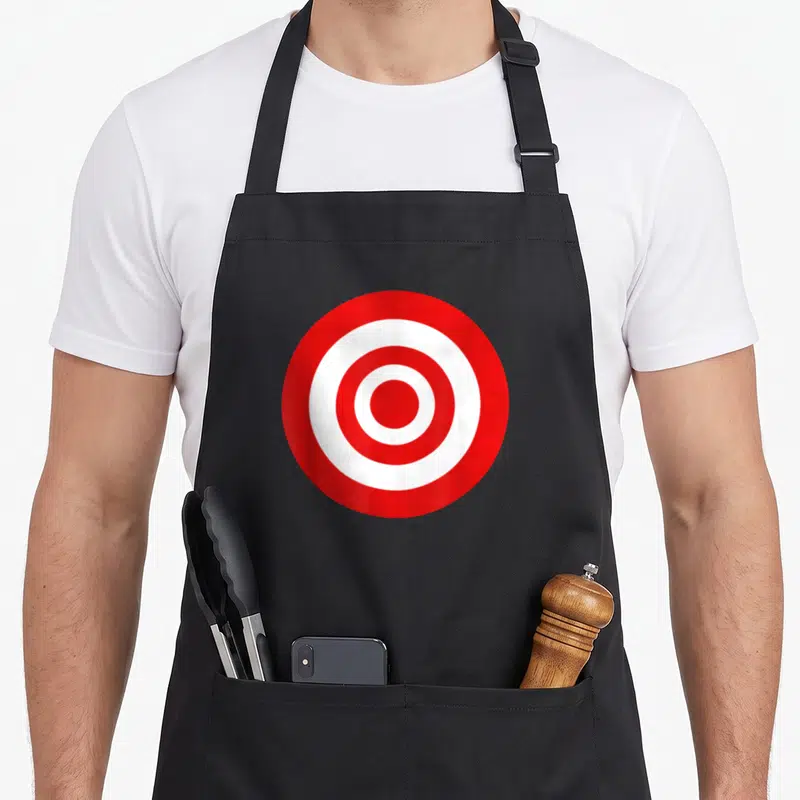 Bullseye dart apron - Concentric red and white circular target rings on dark background — shown on a black cotton canvas apron against a white background