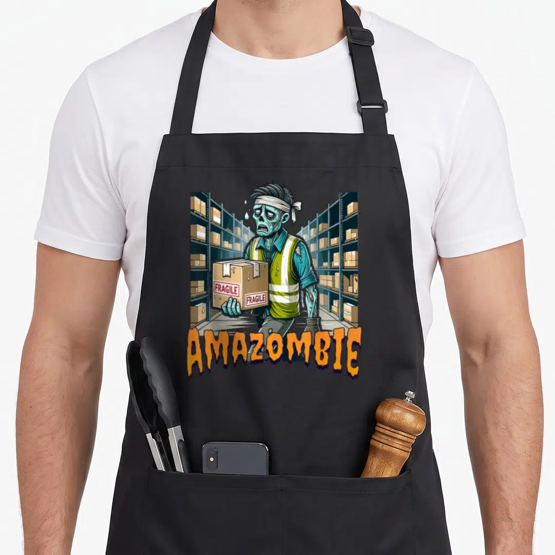 Zombie swagazon apron - Cartoon zombie in safety vest holding fragile box with AMAZOMBIE text — shown on a black cotton canvas apron against a white background