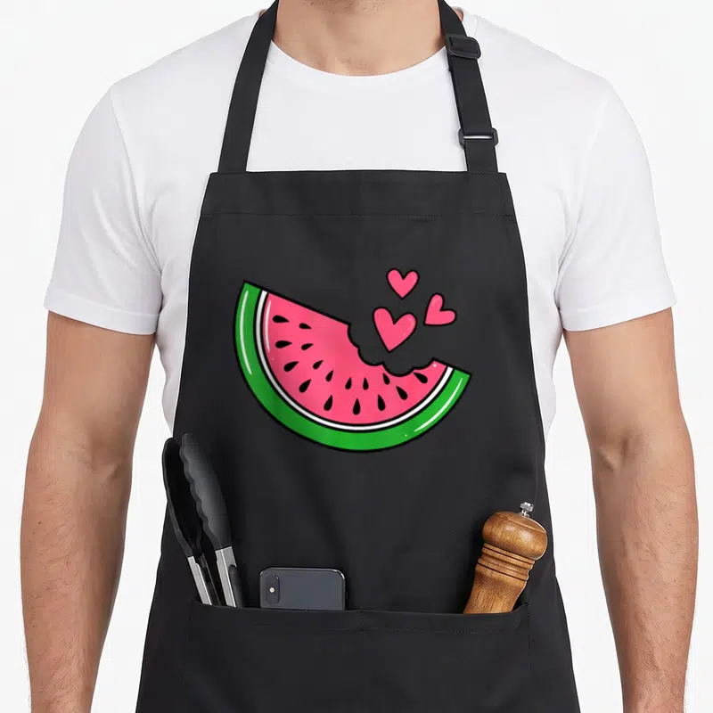 Watermelon fruit apron - Cartoon watermelon slice with bite and three pink hearts — shown on a black cotton canvas apron against a white background