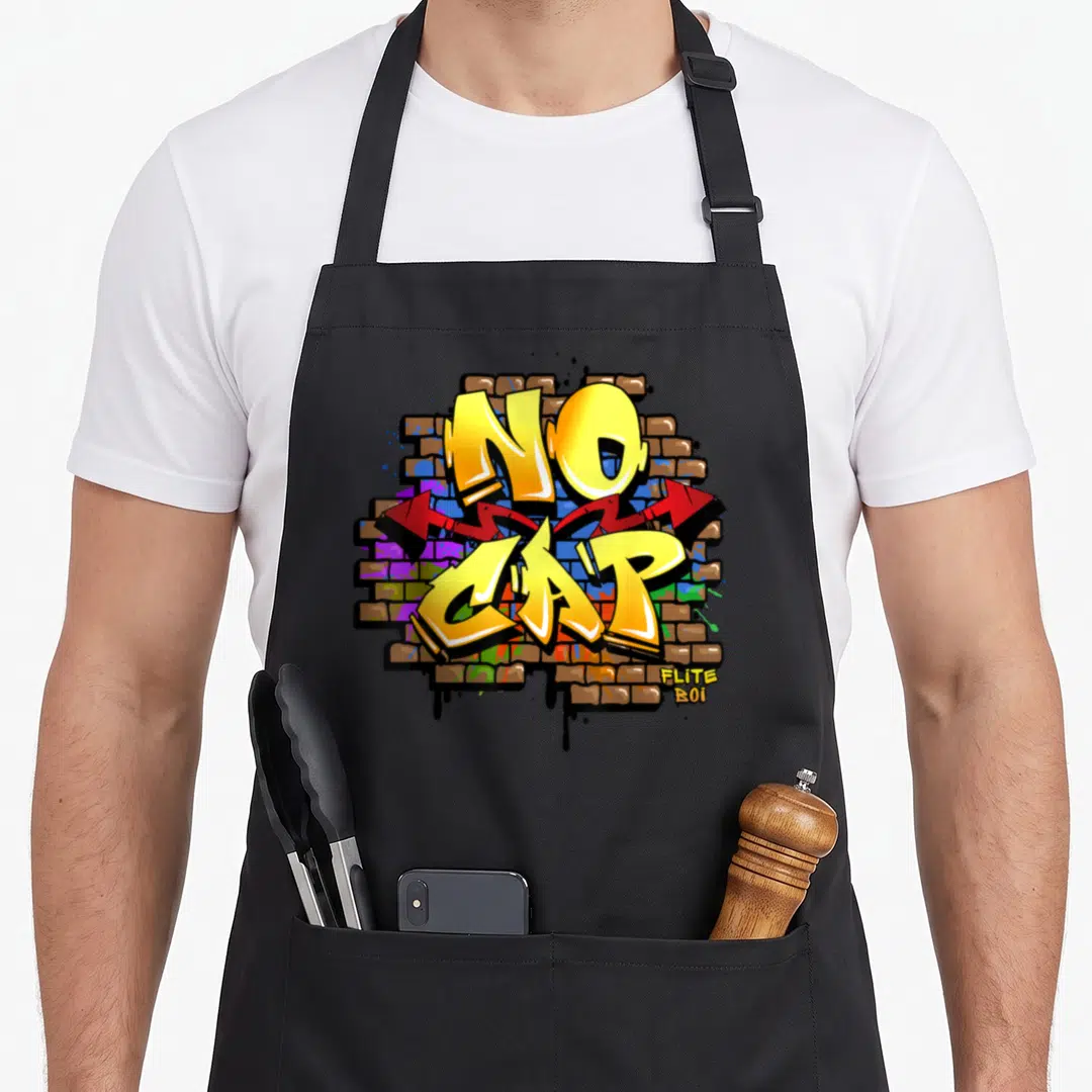 Cap streetwear apron - Yellow NO CAP graffiti text on brown brick wall with red arrows and black drips — shown on a black cotton canvas apron against a white background