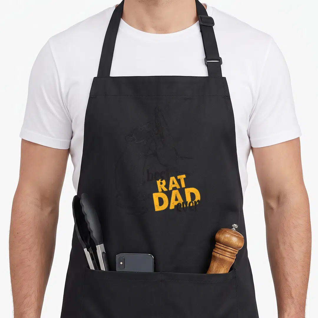 Funny rat man apron - Grey rat high-fiving a human hand with stacked best rat dad ever text in orange and black — shown on a black cotton canvas apron against a white background