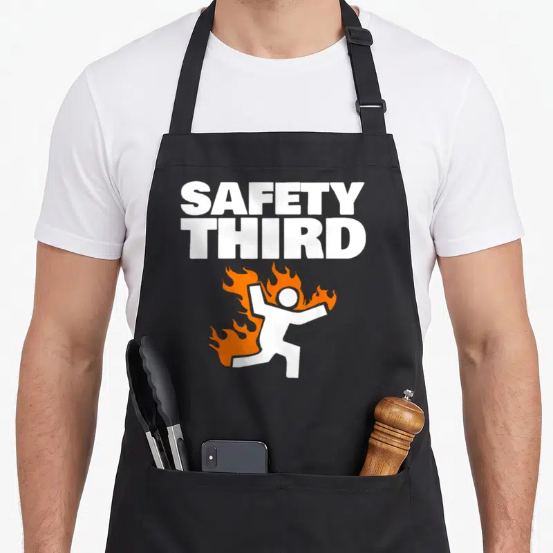 Cartoon safety apron - SAFETY THIRD text above running stick figure on fire in orange and white — shown on a black cotton canvas apron against a white background