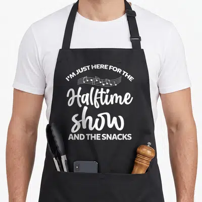 Halftime cooking mama apron - White stacked text reading I'M JUST HERE FOR THE Halftime show AND THE SNACKS — shown on a black cotton canvas apron against a white background