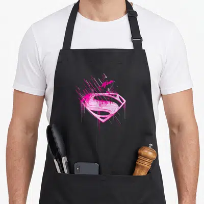 Steel ping apron - Distressed pink Superman shield with Supergirl silhouette and paint splatters — shown on a black cotton canvas apron against a white background