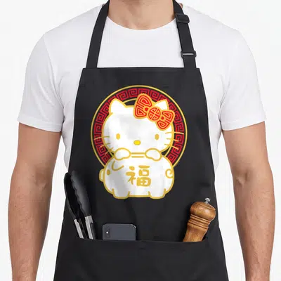 Pig lunar apron - Hello Kitty white cat holding gold Fu character in front of red and gold circular border — shown on a black cotton canvas apron against a white background