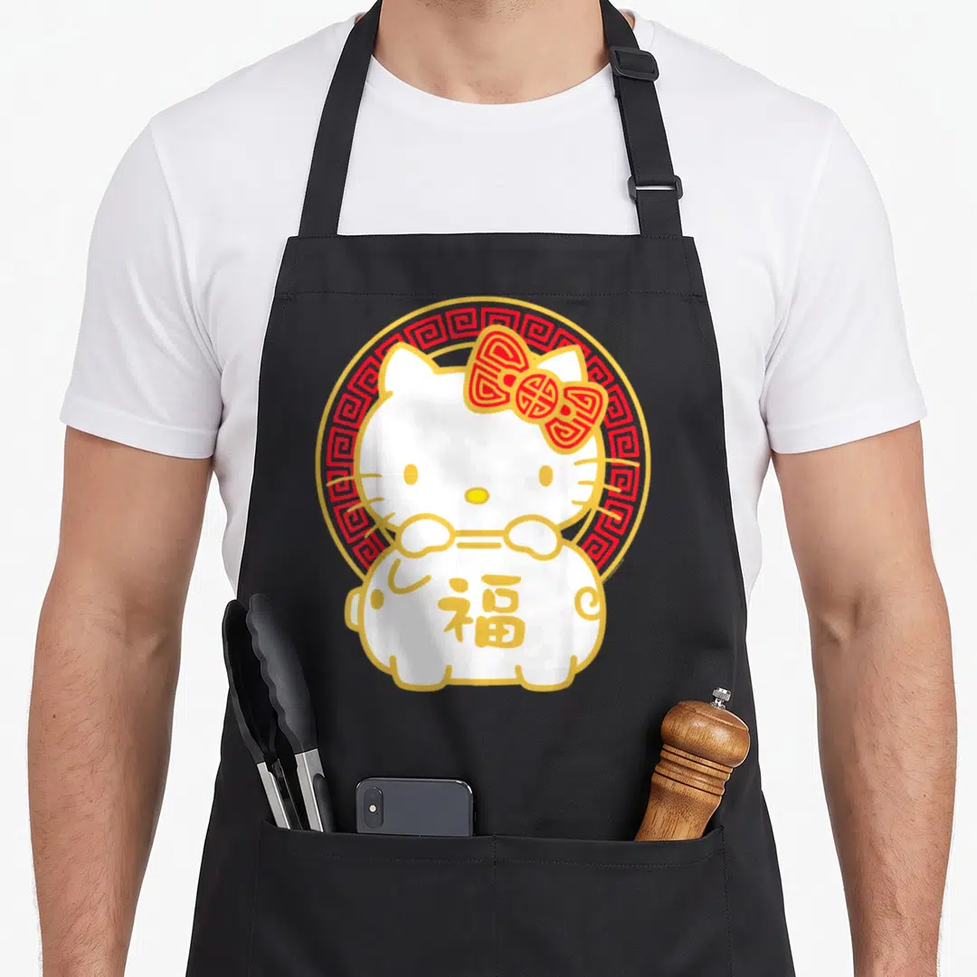 Pig lunar apron - Hello Kitty white cat holding gold Fu character in front of red and gold circular border — shown on a black cotton canvas apron against a white background