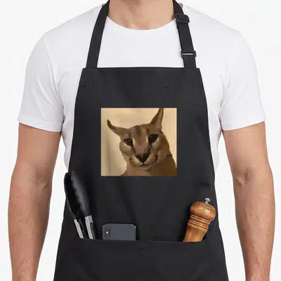 Floppa meme cat apron - Pixelated brown caracal head on tan background, no text — shown on a black cotton canvas apron against a white background