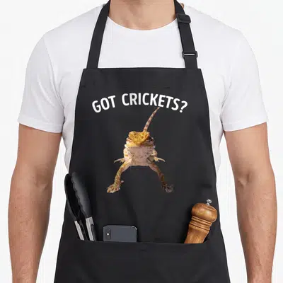 Bearded cricket apron - Arched GOT CRICKETS? text above orange tan white bearded dragon photo on black bib — shown on a black cotton canvas apron against a white background