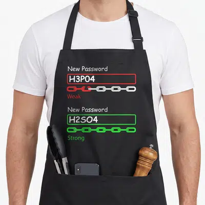 Teacher student chemistry apron - H3P04 weak red chain and H2SO4 strong green chain password fields — shown on a black cotton canvas apron against a white background