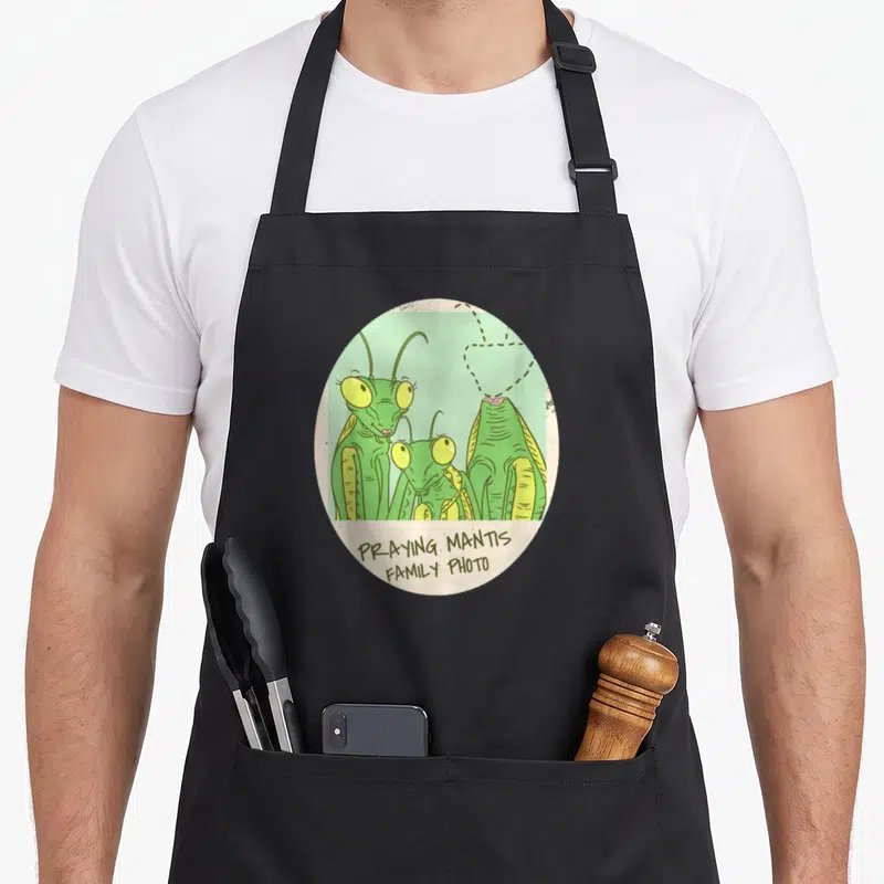 Mantis family aprons - Three green praying mantises in a circle, one headless with a dashed heart and text below — shown on a black cotton canvas apron against a white background