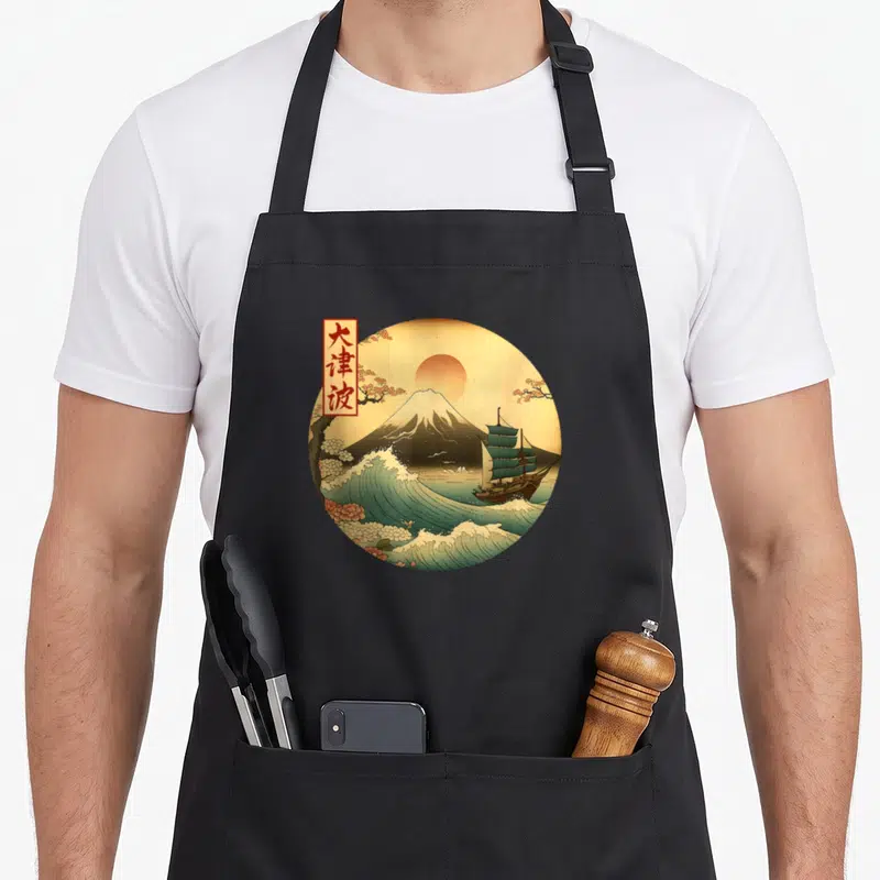 Ship japan apron - Circular retro art of ship and Mount Fuji with kanji cartouche on black apron — shown on a black cotton canvas apron against a white background