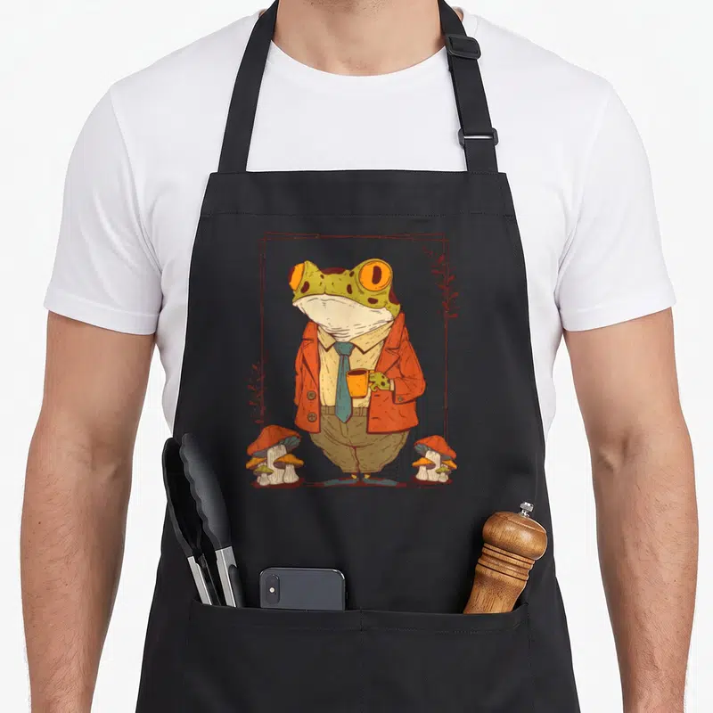 Academia mushroom apron - Cartoon frog in orange blazer holding mug, flanked by mushrooms and plants in rectangular — shown on a black cotton canvas apron against a white background