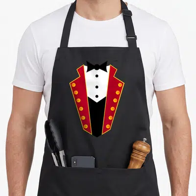 Ringmaster circus quotes apron - Cartoon red tuxedo jacket with yellow buttons and black bow tie on black fabric — shown on a black cotton canvas apron against a white background