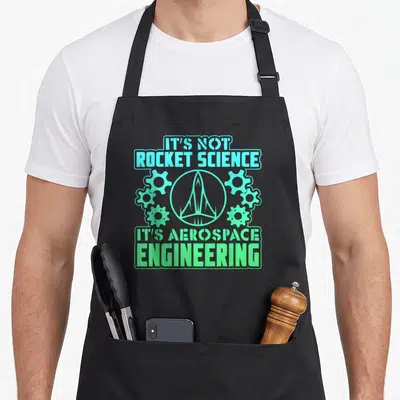 Vintage rocket science apron - Blue and green rocket and gears with IT'S NOT ROCKET SCIENCE IT'S AEROSPACE ENGINEERING — shown on a black cotton canvas apron against a white background