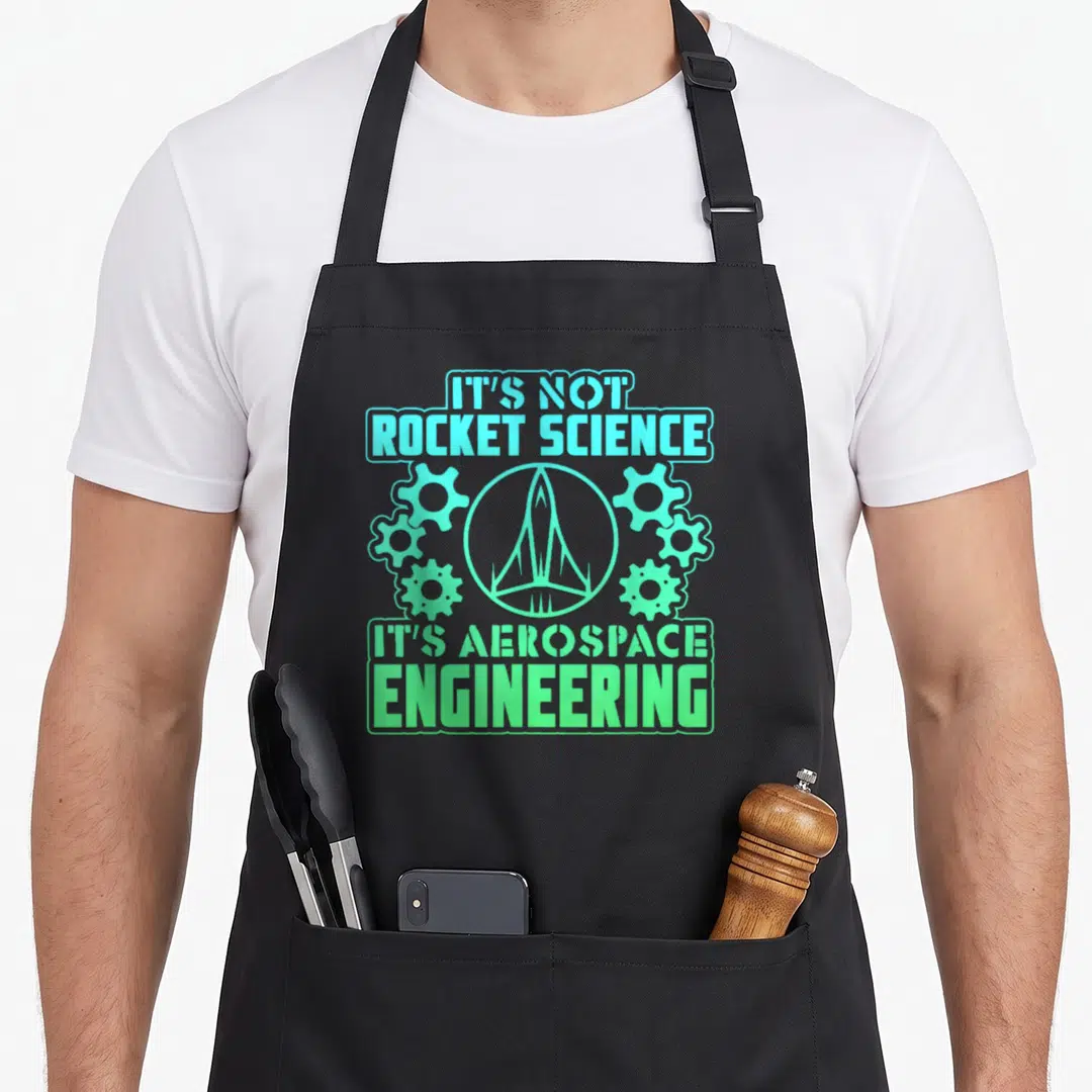 Vintage rocket science apron - Blue and green rocket and gears with IT'S NOT ROCKET SCIENCE IT'S AEROSPACE ENGINEERING — shown on a black cotton canvas apron against a white background