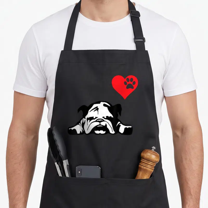 Bulldog dog english chef aprons - Lying black and white bulldog below red heart with paw print — shown on a black cotton canvas apron against a white background