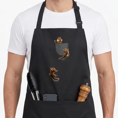 Playing squirrel aprons - Three realistic chipmunks in brown and tan climbing a grey pocket illustration — shown on a black cotton canvas apron against a white background