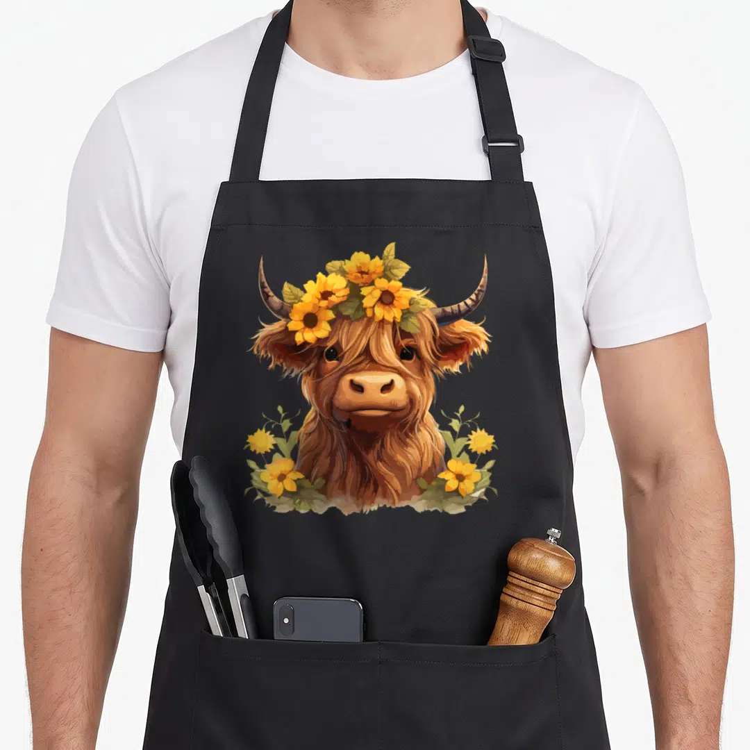 Heifer highland cow apron - Cartoon brown highland cow head wearing a yellow sunflower and green leaf crown — shown on a black cotton canvas apron against a white background